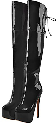 Only maker Bottes longues à plateforme avec talon aiguille sexy, Couleur : noir laqué, 37 EU