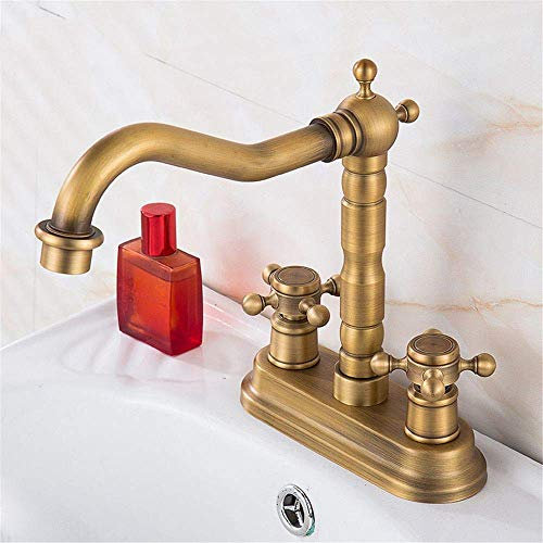 RajoNN Antique Basin Copper Double-Hole Bathroom Sink Double-Hole Washbasin Rotary Single-Handled Cold and Hot Water Mixer,One