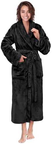 PAVILIA Bata de baño de felpa suave y mullida, acogedora, cálida, ligera, para ducha, spa, casa, bata larga para mujer, Negro -, S-M