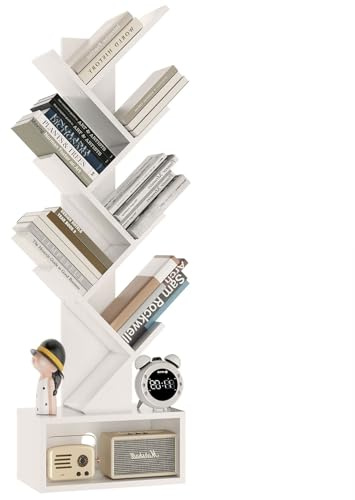 YMYNY Libreria ad Albero, Scaffale a 6 Ripiani, Libreria alta con Cassetti, Moderna Autoportante Libri, Salvaspazio Legno Portaoggetti Librerie per Soggiorno, Studio, Ufficio, Bianco HBC016W