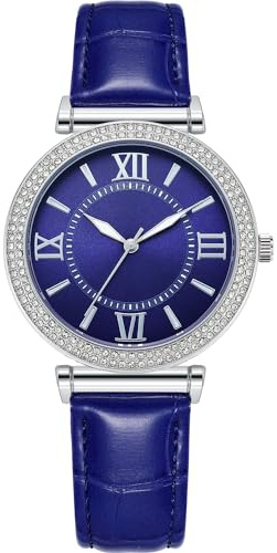 NUOVO Damen 39.5mm Strass Lünette Kleid Uhr 30m Wasserbeständige große Damenuhren Sliver Fall mit blauem Zifferblatt und blauem Lederarmband