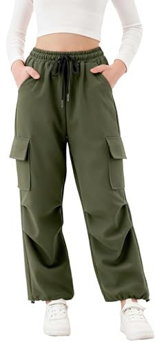 Rolanko Pantaloni Sportivi da Ragazza, con Elastico in Vita Pantaloni da Jogging Attivi Unisex con Tasche Cargo, Verde Militare, 8-9 Anni, 140