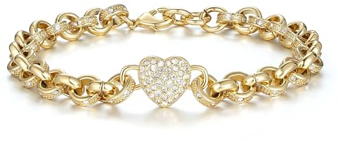 THE BLING KING Gold Heart Charm Belcher Bracelet for Women – Clear CZ Stones, 7-Inch, PVD Gold Plated – Ladies Gold Bracelet