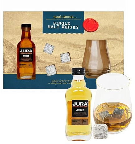 Single Malt Whisky Gifts for Him - Mad About 5cl Scotch Jura Whisky, 3 Granite Whiskey Stones & Snifter Glass. Whiskey Gift Sets for Birthday Gifts, Christmas Gifts for Dad, Stocking Fillers