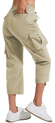 Pioneer Camp Pantalones capri para mujer, pantalones de verano 3/4, ligeros, informales, cómodos, cintura elástica, pantalones para exteriores con 6 bolsillos, camel, L