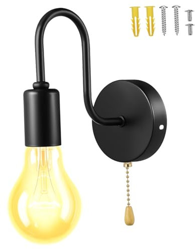 HOMSFOU Vintage Industrial Pull Chain Wall Light Fixture Retro E26 Sconce for Farmhouse Decor Black Hardwired Wall Lamp Zip Switch Indoor/Outdoor Use
