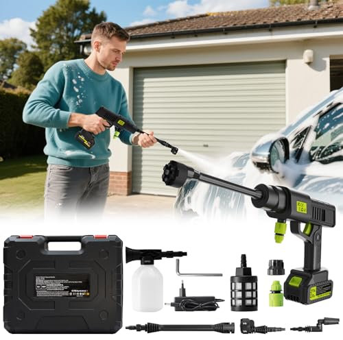 Hidrolimpiadora de Alta Presión a Batería 21 V – Portátil, Sin Cable, Boquilla 6 en 1, 3000 mAh, Manguera 5 m – para Coche, Jardín, Terraza