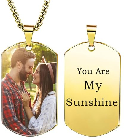 Collier Photo Personnalisé, Colliers avec Pendentif Plaque D'identité Personnalisée, Collier en Acier Inoxydable avec Prénom Gravé et Photo, Cadeaux Personnalisés pour Hommes et Femmes (Or)