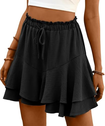 ABINGOO Pantaloncini Donna Estivi Casual Vita Alta Spiaggia Shorts Tinta Unita Gonna Pantalone Corta Elasticizzata Plissettata Pantaloncini(Nero,M)