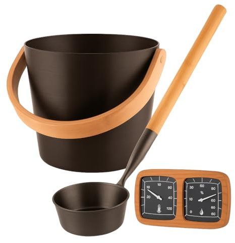 Macteyia Sauna Bucket and Ladle Set with Bamboo Handle and Alder Wood Hygrothermograph – Durable, Scratch-Resistant Sauna Accessories for Home and Commercial Use