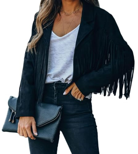 Bibowa Faux Leather Jackets For Women Trendy Cowgirl Outfits Fall Western Fringe Cropped Jacket 2026 Tassel Motorcycle Crop Coats Winter Black S