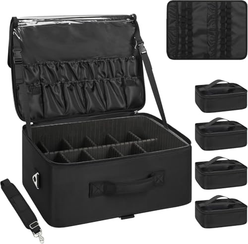Relavel Valigetta da trucco XXL, organizer professionale con portapennelli, 4 tasche trasparenti, piastra rossetto, tracolla e scomparti regolabili per trucchi