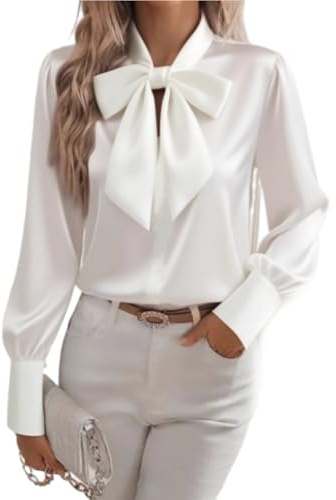HESYSUAN - Camisas de lazo de cuello satinadas para mujer, blusas de seda elegantes de manga larga, tops casuales elegantes de negocios y trabajo para mujer 2025, blanco, XL