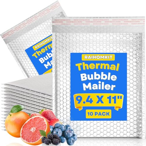RAIHOMKIT 10 Pack Thermal Bubble Mailer,8 x 11 Self Sealing Cool Bubble Mailers,Metallic Bubble Mailers,Waterproof Padded Envelopes,Foil Mailing Envelopes,Insulated Shipping Bags for Cold Shipping