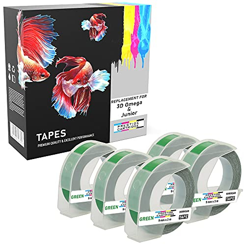 Prestige Cartridge 5X S0898160 White on Green Embossing Tapes (9mm x 3m) Compatible with S0717930 Omega Home & S0717900 Junior Embossers
