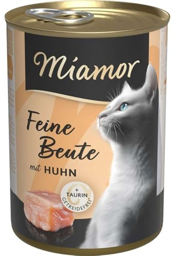 MIAMOR - Presa Fina | Comida húmeda para Gatos Adultos con 7 Tipos de Carne y despojos. Alimento Completo sin Cereales con taurina en Lata sin aditivos Artificiales | 12 x 400 g de Pollo