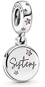 Pandora Icons Charm pendant inscription « Sisters » (Sœurs) en argent avec zircones cubiques roses