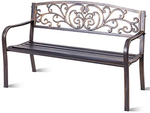 RELAX4LIFE Panchina da Esterno a 2-3 Posti, Panca da Giardino a Doghe in Metallo con Schienale Intagliato a Farfalla e Braccioli Curvati, Panca per Cortile/Parco, Max 280 KG, 127x64x86cm (Modello 6)