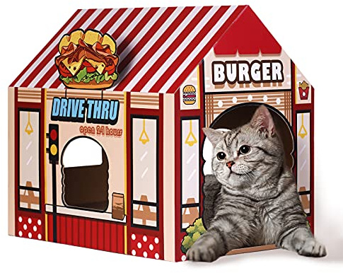 SEKAM Casa de cartón para gatos con rascador/hierba gatera, (16.5 x 12 x 15 pulgadas) para gatos de interior/exterior, casa de juego para gatos y decoración del hogar, juguete para rascar gatos