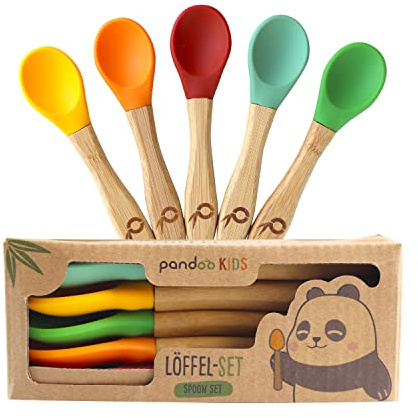 Pandoo Bamboo Children's Spoons Set of 5 with Silicone | Learning to Eat Cutlery, Baby Crockery Set, Children's Cutlery | Soft Silicone Spoons, Pack of 5