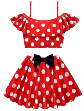 Lito Angels Kids Girls Mouse Swimming with Skirt 2 Piece Swimsuit Swimwear Swim Dress with Mouse Headband Age 8-9 Years, Red