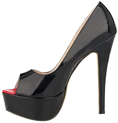 QIANKUN Escarpins Sexy à Talon Haut avec Bout Ouvert, Plateau, pour Femme, Super Hauts Talons en Cuir Verni, Chaussures, Rouge, Mariage, Stilettos, Noir , 41 EU