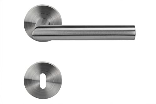 WIR elektronik Rosettengarnitur Leni, T-Form, Klasse 4, Edelstahl 304 gebürstet, Buntbart, Schraubrosette, Drückergarnitur, Türklinken-Set