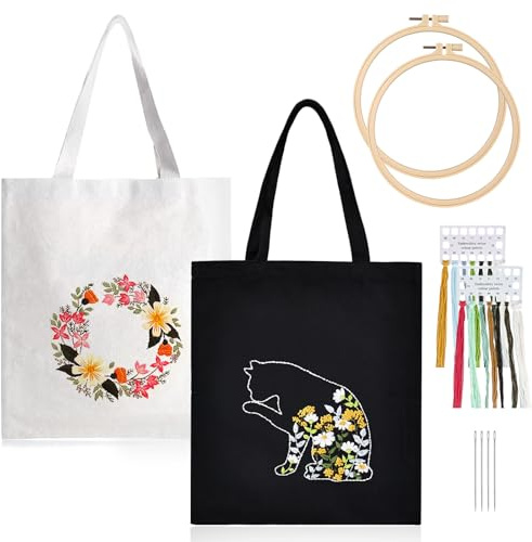 Nizirioo Kit di Ricamo per Borsa in Tela: 2 Pcs Set di Ricamo per Borsa in Tela, Pratico Set di Ricamo per Borsa in Tela, per Attività di Tempo Libero (Nero e Bianco)