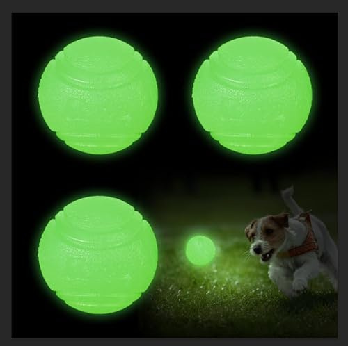 QKURT 3 Pièces Balle Phosphorescente pour Chien - Jouet Boule Indestructible de 6cm - Balle Lumineuse en Caoutchouc à Haut Rebondissement pour Petit, Moyen et Grand Chien