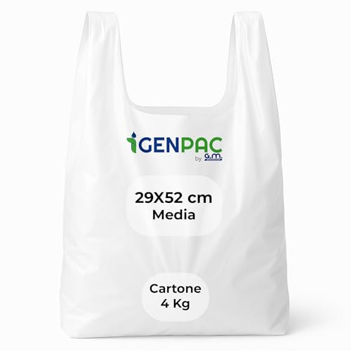 G.M. DISTRIBUZIONE 4 Kg Buste Spesa, Misura 29x52 cm, Biodegradabili Bianche con Manico, Circa 250 Pezzi, Shopper Compostabili per Alimenti, Sacchetti Extra Resistenti (MISURA MEDIA)
