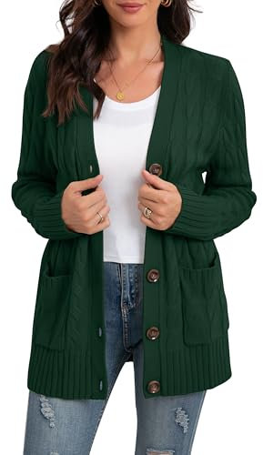 GRECERELLE Cardigan long en tricot épais avec poches pour femme, cardigan ample à manches longues pour femme, cardigan surdimensionné pour l'automne, l'hiver, le printemps, vert foncé, L