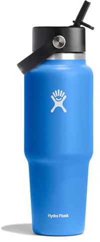 Hydro Flask Travel Water Bottle - Insulated Stainless Steel - Wide Straw Lid, Non Spill, Leakproof in 32 Oz Cascade Blue