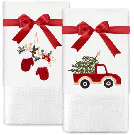 JarThenaAMCS Weihnachtshandtücher, rote Fäustlinge, LKW-Baum, bestickte Baumwollhandtücher mit Band, für Küche, Badezimmer, Trocknen, Reinigung, Geschenk, 74 x 34 cm, 2 Stück