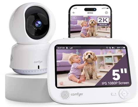 Comfyer 4-Split Screen Smart Video Baby Monitor with 2K Camera–5 1080P HD Display, 5050mAh Battery, Wi-Fi&Non-Wi-Fi, App&Monitor Control, Night Vision, Motion Detection, Temp Sensor, PTZ, 500m Range