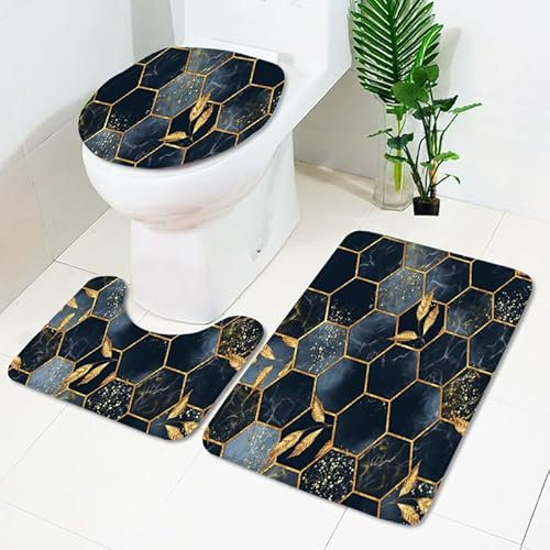 Badezimmerteppich Goldene Geometrie Blätter WC Vorleger mit Ausschnitt WC Deckelbezug 3 Teiliges WC Teppich rutschfeste Badgarnitur U förmiger Badematte Waschbar Bad Teppiche Set 50x80 cm