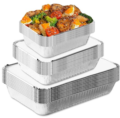 Barquette Aluminium avec Couvercle, 30 Pièces, Plat Aluminium Jetable, Boite Aluminium avec Couvercle, pour Barbecue, Cuisson, Rôtissage et Four, 2300 Ml, 1100 Ml Et 800 Ml, Résistant Jusqu'À 260°C