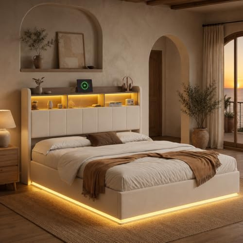 BRILVERDE Cama tapizada para cama doble de 160 x 200 cm, cabecero LED con espacio de almacenamiento y función de carga USB, cama con somier, terciopelo, blanco (160 x 200)