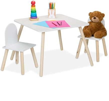 Relaxdays Tavolino da Bambini con Sedie per Cameretta, Tavolo da Gioco 2 Sgabelli con Schienale, MDF, Naturale Bianco