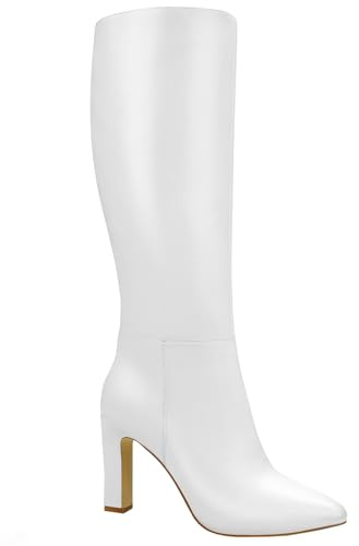 Quorvash Knee High Boots for Women - Long Elastic Faux Leather Tall Boots for Women Mid Block Heel Pointed Toe with Side Zipper Fall Winter White Size 9