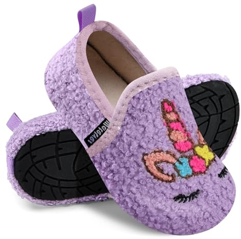 WateLves Kids Toddler Slippers Boys Girls House Shoes Slip on Sock Slippers Lightweight Winter Indoor Outdoor Walking Shoes(Purple Unicorn,32/33)