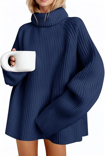 Saodimallsu Jersey de manga larga para mujer, cuello alto, punto fino, monocolor, informal, elegante, básico, azul oscuro, L