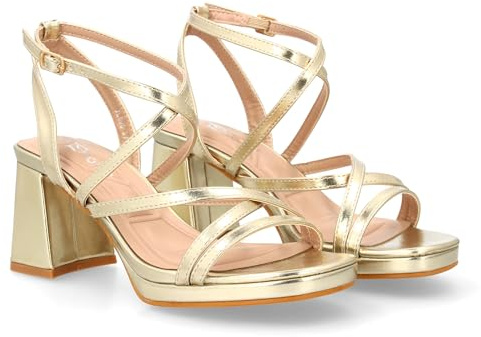 shoes&blues.es 96884 Sandalia de Tacon para Mujer con Diseno de Tiras Cruzadas Finas, Elegante para Eventos con Cierre de Hebilla. Oro Talla 38