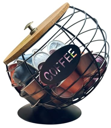Soporte Para Cápsulas De Café - Cesta De Alambre De Gran Capacidad Con Organizador De Tapa, Perfil De Hierro De 21x20cm + Masa De 390g, Biselada Para Acceso, Recubrimiento En Polvo Negro | Para U