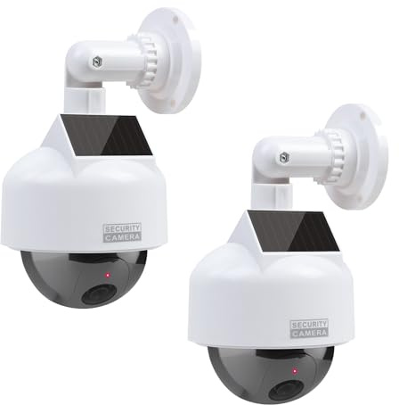 ERWEY 2 Cámaras Falsas de Seguridad con Panel Solar, Cámara Simulada CCTV con LED Rojo Parpadeante, Cámara Disuasoria Exterior para Protección del Hogar, Jardín, Garaje y Entrada