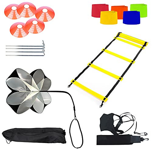 DBREAKS Speed Agility Training Kit, Fußballtrainning Set (7 Pcs) mit 6M Koordinationsleitern, Resistance Fallschirm, Fußball Kick Trainer usw, Agility Ladder Set für Training, Fussball, Fitness
