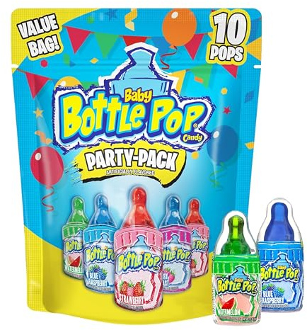Baby Bottle Pop Candy Lollipops Variety Pack - 10 Ct Individually Wrapped Suckers with Powdered Dip - Assorted Bulk Candy for Kids Party Favors, Goodie Bags, Baby Shower & Gender Reveal