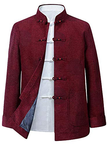 G-LIKE Frühling Herbst Herren Jacke – Traditionelle Chinesische Tangzhuang Kleidung Langärmelige Gewirkte Warme Uniform Festtagskleidung für Männer zu Geburtstag Bankett Hochzeit - Cord (Rot, S)