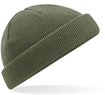 Beechfield - B43R Olive Green Fisherman Style Beanie Hat - Unisex Winter Hat, Classic Knit and One Size Beenie Hat - Double Layer - 100% Recycled Polyester
