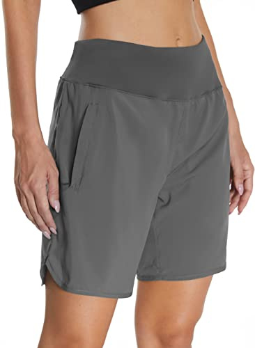 Mesing Short Sport Femme Course Taille Haute Pantalon Running Court Respirant avec Slip Intérieur et Poche Arrière à Glissière DK3083W-Grey-XS
