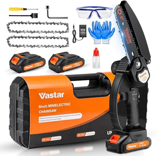 Vastar Mini Tronconneuse a Batterie 4000mAh, Tronconneuse Electrique Sans Fil de 6 Pouces, Mini Tronçonneuse sur 2 Batterie Rechargeables 24V 2000mAH, avec 2 Chaînes, Outillage de Jardin Motorisé